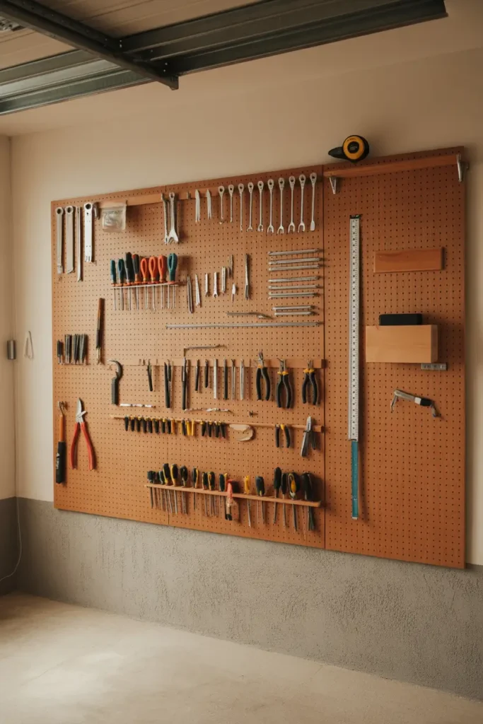 Cozy organized apartment garage wall with wooden pegboard panel holding neatly arranged hand tools, small hooks supporting screwdrivers, pliers, and measuring tape, warm workshop lighting above, textured concrete floor below, neutral color tones, minimal clutter, Pinterest style garage workspace with inviting organized atmosphere.