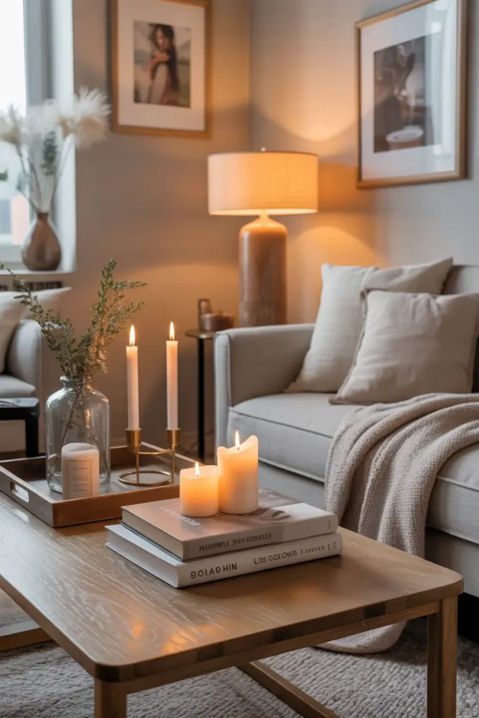 Realistic Pinterest-style small apartment living room with personal decor details including candles, framed photos, stacked books, ceramic tray, soft knit throw, neutral sofa, warm wooden accents, gentle window light, cozy feminine apartment styling, inviting lived-in atmosphere, realistic interior photography with soft textures, balanced decor, calm warm mood, natural light, elegant small-space details and homey feeling.
