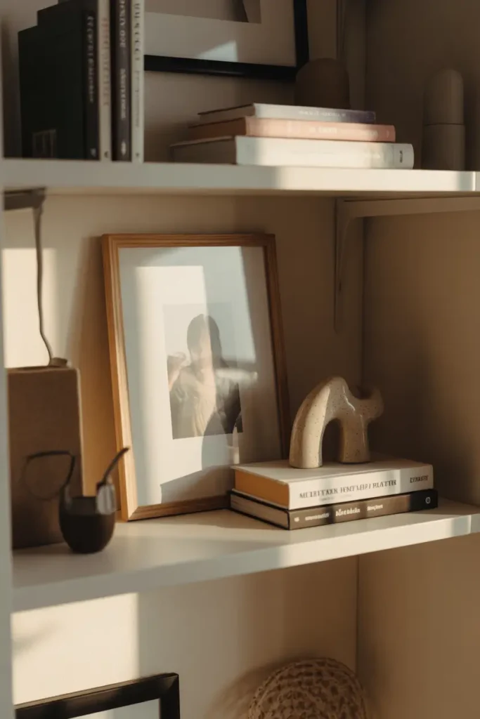 Minimalist apartment shelf styled with personal decor pieces, framed photo, small ceramic sculpture, neutral books stacked neatly, warm afternoon sunlight creating soft shadows, Scandinavian cozy aesthetic, realistic Pinterest interior photography, calm emotional atmosphere with intentional minimal styling.