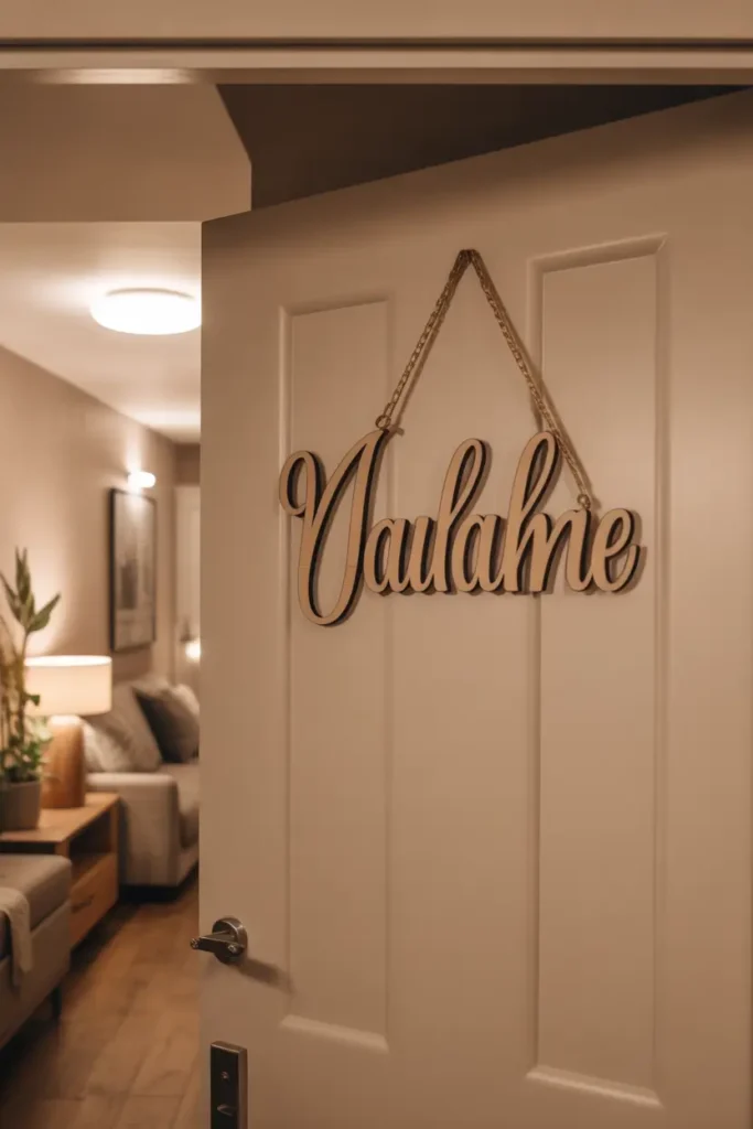 apartment entry door featuring a personalized wooden name sign with elegant script lettering mounted at center height. Soft beige hallway walls, warm overhead lighting, subtle shadowing, minimalist decor surroundings, cozy residential atmosphere, natural wood textures, modern feminine styling, clean apartment corridor with welcoming and relaxed visual mood.