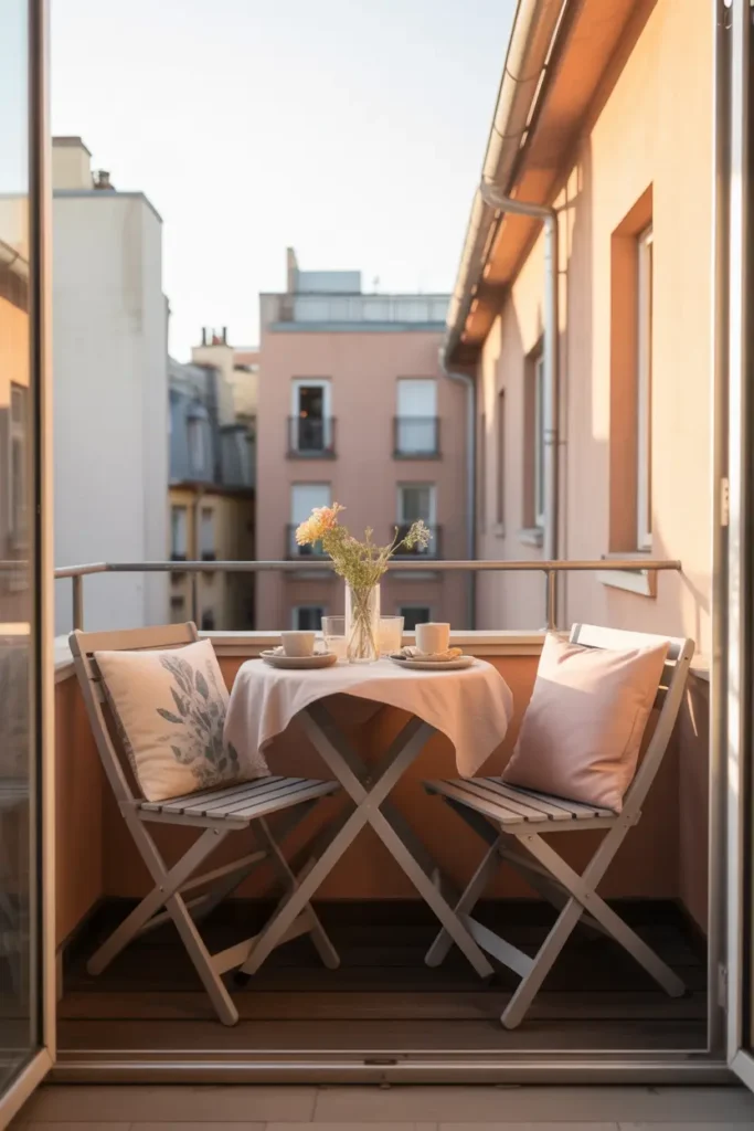Tiny apartment balcony arranged as a petite breakfast nook with compact round table, two slim chairs, soft seat cushions, small vase of flowers, light table linen, warm early sunlight, neutral and pastel tones, realistic Pinterest style balcony photography, cozy feminine atmosphere, soft natural shadows, charming city apartment view, inviting peaceful outdoor setting with simple elegant styling