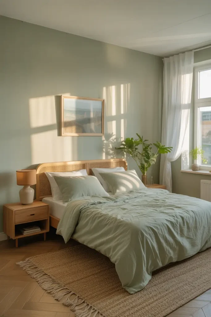 Light and airy apartment bedroom with pistachio green bedding, white curtains flowing near window, wooden nightstands, ceramic lamp, cozy textured rug, warm daylight illuminating peaceful feminine bedroom interior.