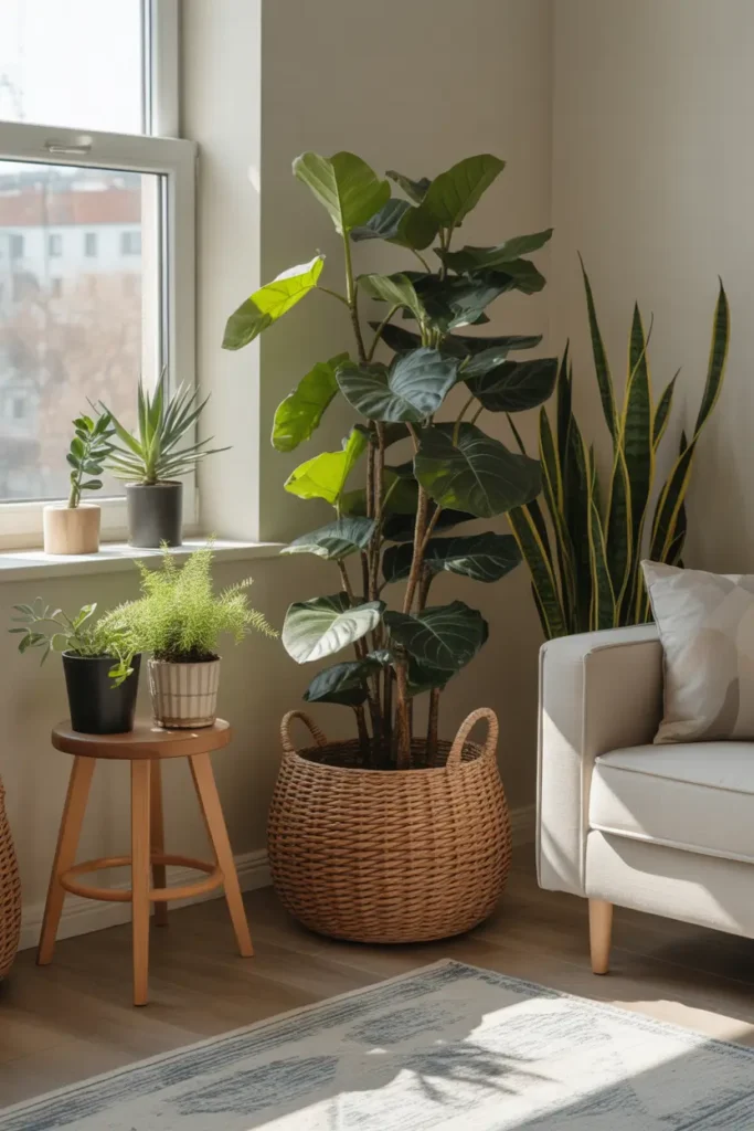 Bright Pinterest-style apartment corner with indoor plants, leafy green plant in woven basket, smaller plants on wooden stool, sunlight streaming through window, neutral sofa nearby, calm fresh apartment atmosphere with natural textures and warm daylight.