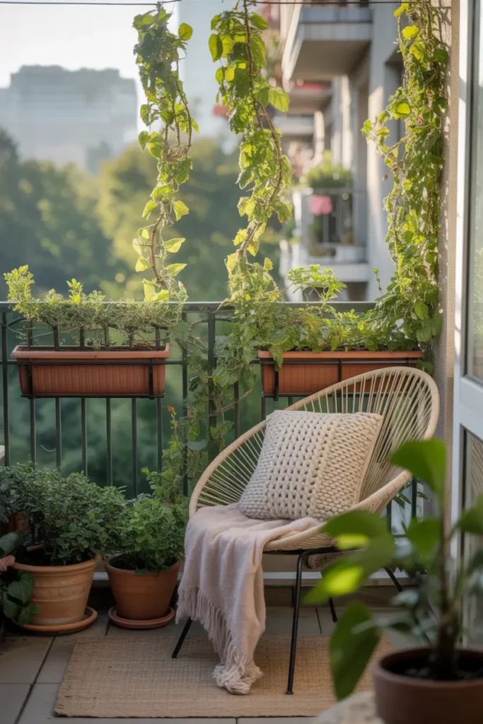  Apartment balcony railing covered with climbing vines growing from several terracotta planters, lush green leaves trailing upward along simple wire support, cozy chair with knit cushion and soft throw, morning sunlight filtering through leaves, peaceful small balcony garden with dreamy Pinterest atmosphere.