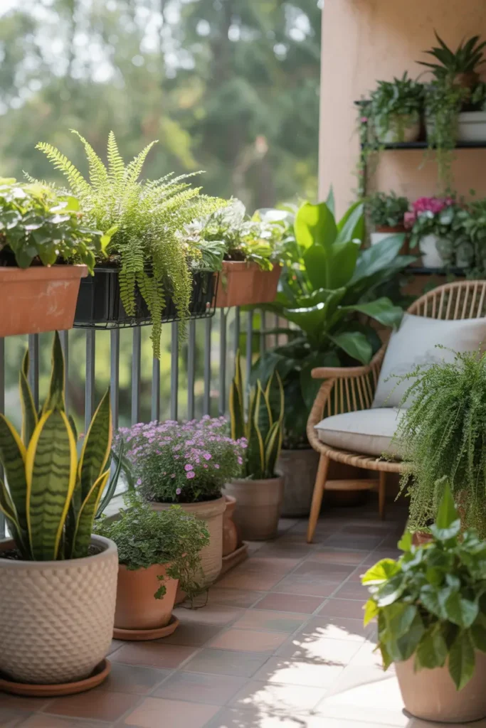 Realistic Pinterest balcony garden scene with multiple potted plants including ferns, snake plants, and small flowering pots arranged along railing and floor, cozy chair tucked into greenery, warm daylight, soft shadows, textured terracotta pots, lush peaceful patio garden atmosphere.