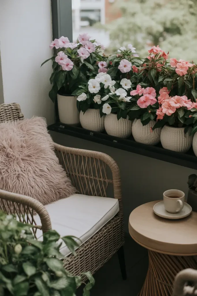 Cozy shaded apartment balcony corner with impatiens flowers blooming in soft pink and peach shades inside textured ceramic planters, comfortable rattan chair with plush neutral cushion nearby, small wooden side table holding tea cup, gentle diffused daylight creating calm atmosphere, leafy plants and woven textures giving Pinterest style relaxing balcony nook.