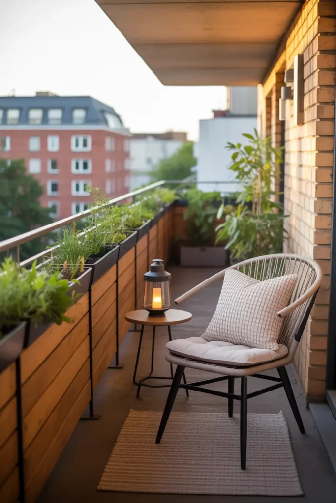 Apartment balcony with tall wooden planter box filled with leafy green plants along railing, cozy chair with soft textured pillow, lantern sitting on small side table, warm sunset light hitting wooden surfaces, outdoor rug adding warmth, Pinterest-style balcony corner with peaceful garden vibe.