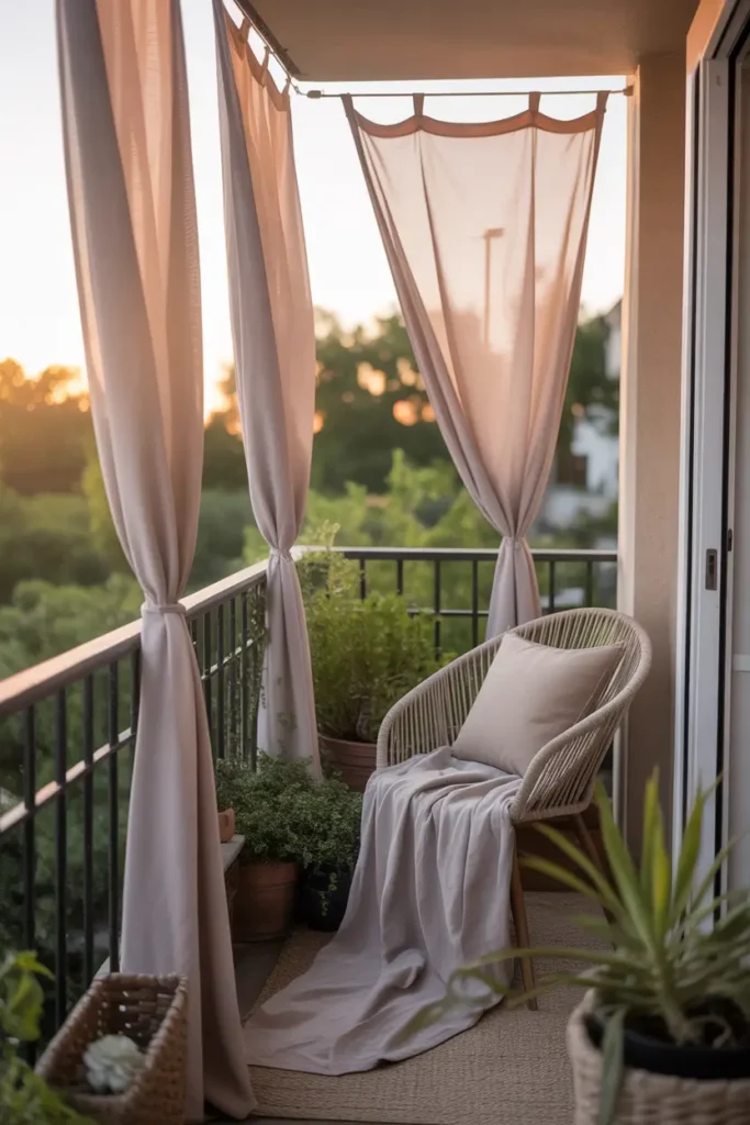 Small apartment balcony with soft sheer privacy curtains tied along railing, gentle breeze moving fabric, cozy chair with neutral cushion, potted plants around edges, warm golden hour sunlight, soft balcony shadows, realistic Pinterest style photography, feminine apartment balcony styling, layered textures, peaceful hidden retreat feeling, light flowing fabric, and cozy outdoor atmosphere with elegant soft details