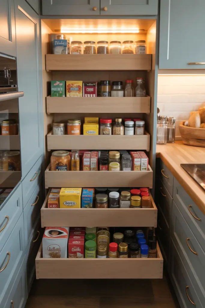 Narrow kitchen pantry with sliding pull-out wooden drawers filled with neatly arranged pantry goods, glass jars, snack boxes, and spice bottles organized in rows, warm under-cabinet lighting, soft neutral kitchen palette with light oak textures, cozy Pinterest-style small kitchen storage scene with bright daylight and calm organized atmosphere.