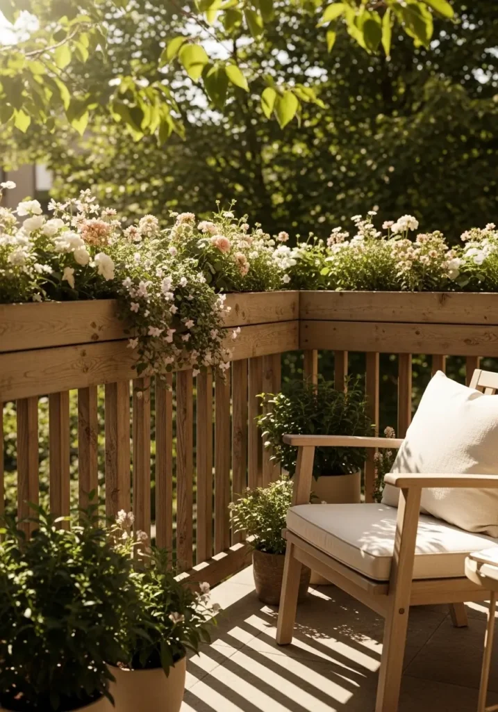 Apartment patio railing lined with long rail planters filled with lush green plants and soft flowers, sunlight shining across leaves, wooden outdoor chair with light linen cushion nearby, warm neutral tones, natural textures, cozy feminine apartment patio styling with fresh greenery creating a soft garden border.