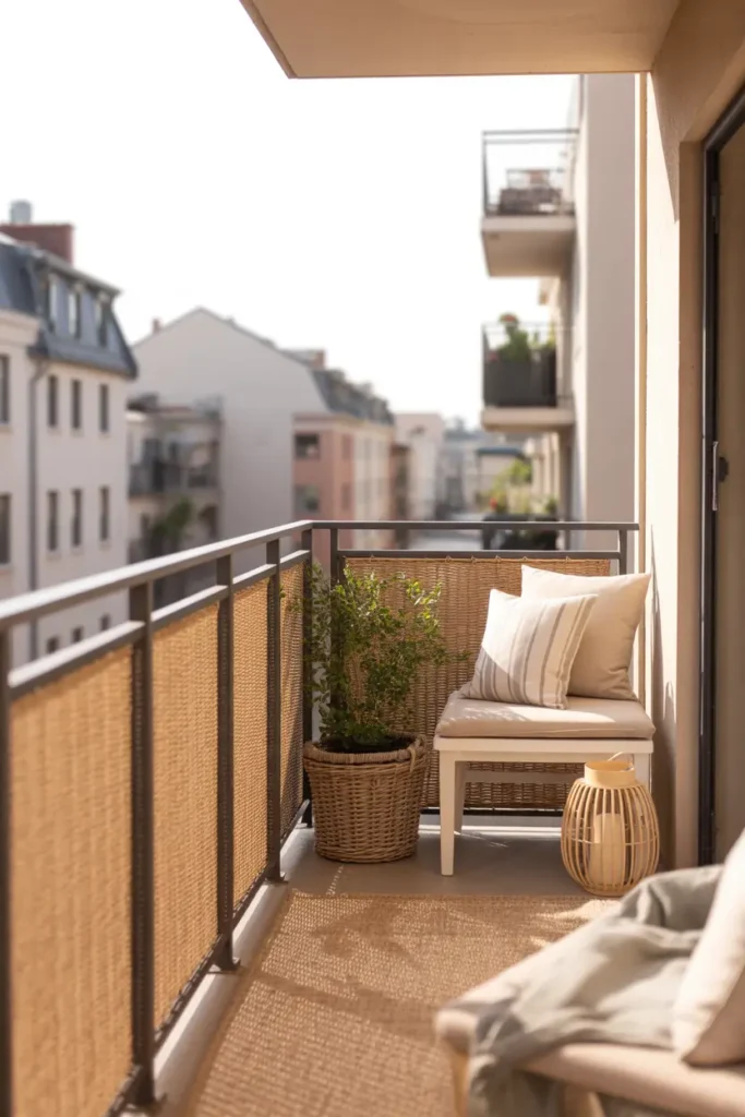 apartment balcony with textured neutral railing cover in warm sand tone, slim bench with striped beige cushions, woven basket planter, light outdoor rug, ceramic lantern, soft daylight, modern feminine styling, clean and cozy home atmosphere, layered soft textures, apartment city view lightly blurred, private and airy mood, realistic decor details, natural shadows, inviting small balcony scene with calm balanced tones and lived-in charm