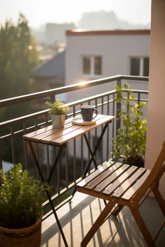 Realistic small apartment balcony with wooden railing shelf attached to metal railing, coffee mug and small potted plant placed on shelf, warm morning sunlight shining across balcony floor, minimal decor with soft greenery around space, cozy Pinterest style patio with smart small space solution.