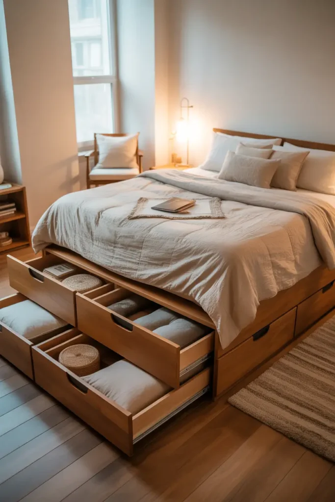 Micro studio apartment with raised wooden platform bed, large pull out drawers underneath for storage, soft beige bedding with linen texture, warm floor lamp beside bed, small reading chair nearby, neutral rug placed on wooden flooring, soft daylight entering through tall window, cozy organized tiny home layout styled for Pinterest interior photography.