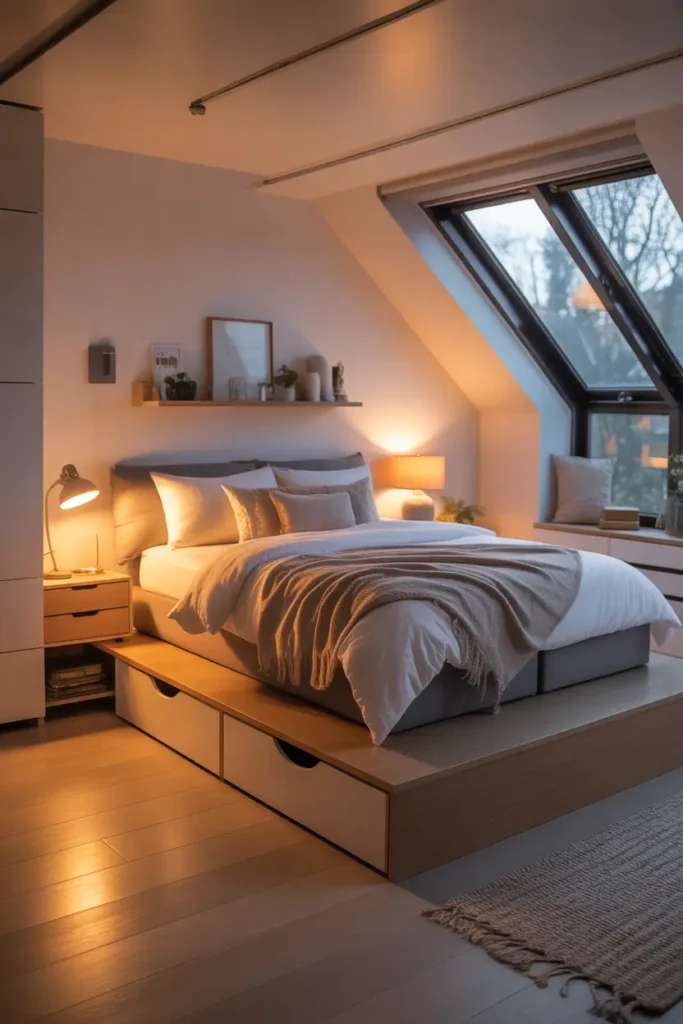 Small loft apartment bedroom with raised bed platform and storage drawers underneath, cozy neutral bedding, soft lighting from bedside lamp, warm wood platform, airy open living space below, minimal decor, Pinterest style interior scene with soft evening glow and cozy textures.