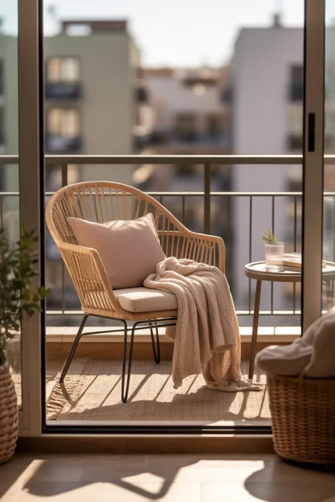 Small apartment balcony styled with a single rattan accent chair, soft beige seat cushion, folded knit throw blanket, tiny round side table, warm morning sunlight across balcony floor, soft urban apartment background, woven textures, neutral colors, realistic Pinterest style balcony scene, cozy feminine styling, peaceful natural atmosphere with soft light, clean details, and inviting outdoor apartment mood