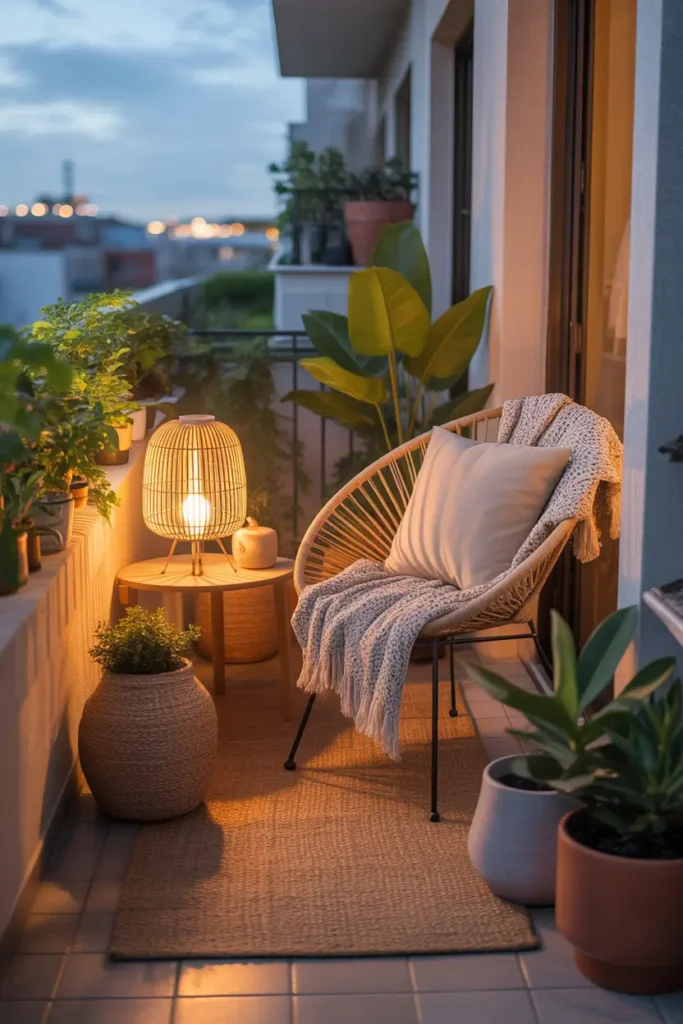 small apartment balcony styled with a warm glowing rattan lamp on a tiny side table, woven chair with soft cream cushion, textured blanket, jute rug, ceramic and terracotta planters, leafy green plants, warm apartment evening mood, realistic natural shadows, modern feminine decor, cozy layered textures, intimate balcony scene, soft city background lights, stylish and relaxed outdoor nook with warm inviting atmosphere