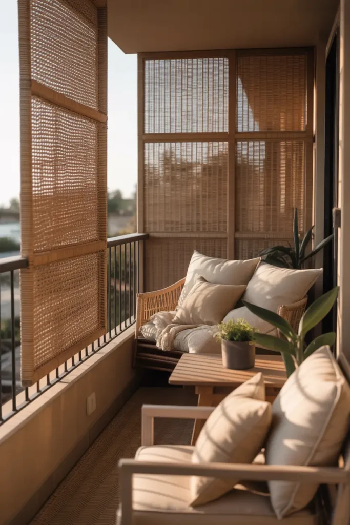 apartment balcony featuring woven rattan privacy panels attached to railing, warm afternoon sunlight highlighting natural textures, cozy lounge chair with cream cushions, small wooden table, potted plants nearby, earthy neutral palette, lifestyle photography composition, relaxed tropical-inspired atmosphere, soft shadows, inviting balcony retreat mood with warm cozy styling.