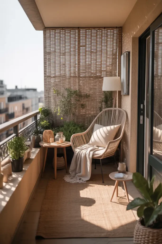 small apartment balcony with woven rattan panel shade wall along one side, cozy accent chair with cream cushion, small wooden side table, potted plants, soft linen throw, warm natural sunlight, textured rug, realistic balcony railing, earthy neutral palette, feminine and relaxed styling, layered organic materials, calm and cozy city balcony, Pinterest-worthy outdoor nook with soft shadows and warm inviting atmosphere