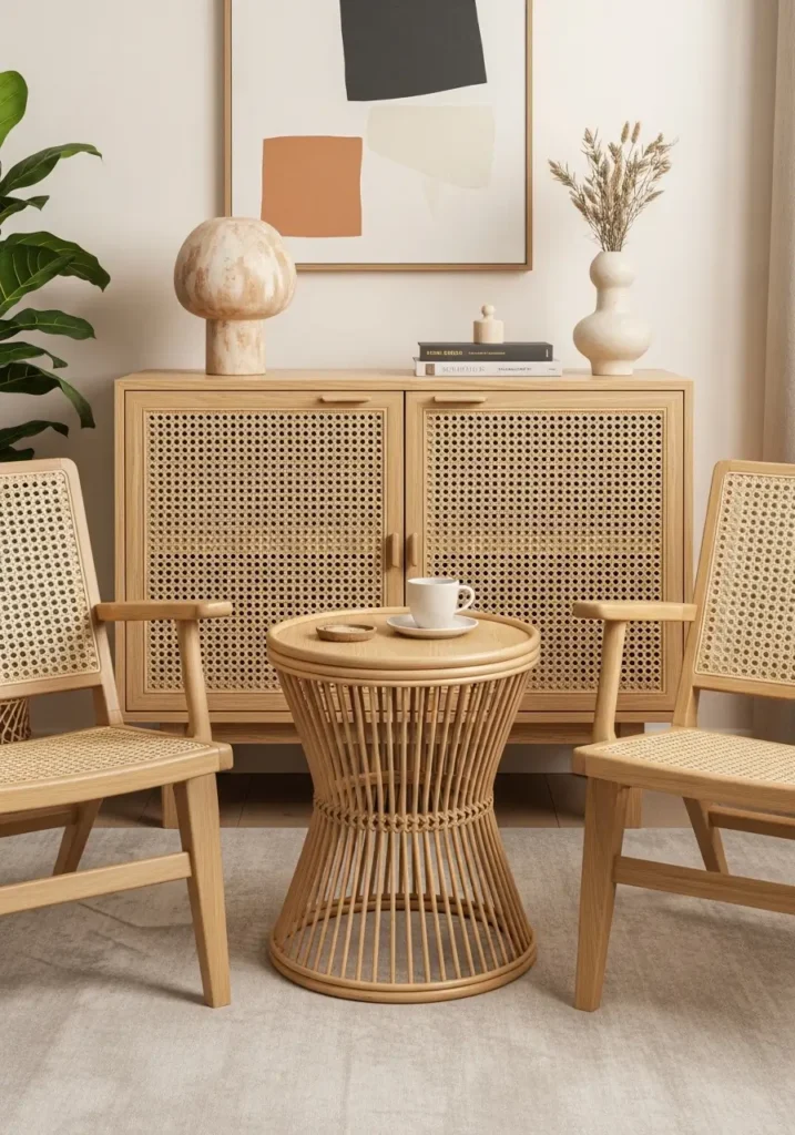Earthy aesthetic apartment with rattan accent chair beside wooden coffee table, linen sofa with neutral cushions, woven rug, clay pottery and dried grasses decor, warm sunlight casting soft shadows, relaxed Pinterest style interior with natural materials and organic textures throughout cozy apartment living room.