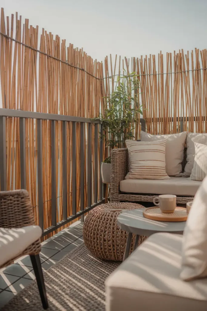 balcony styled with reed fence privacy cover wrapped around metal railing, cozy seating area with beige cushions, woven basket decor, warm sunlight filtering through reeds creating soft patterned shadows, neutral textured rug, small side table with coffee mug, relaxed coastal-inspired atmosphere, lifestyle photography composition, natural earthy palette, calm inviting balcony retreat aesthetic.