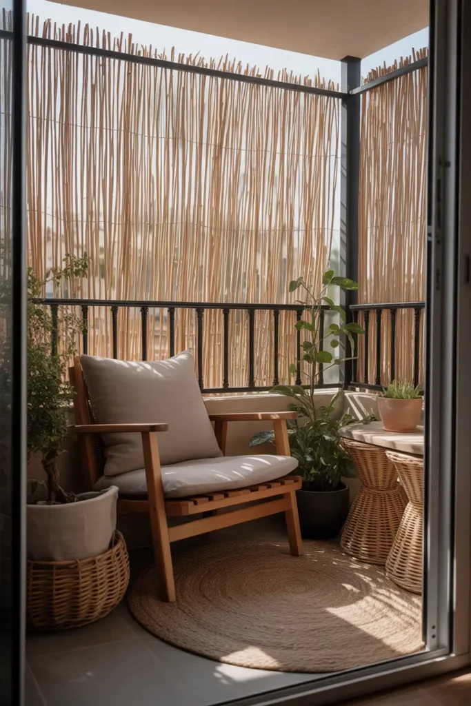 Apartment balcony with natural reed fencing attached to railing, cozy wooden chair with linen cushion, warm sunlight filtering through thin reed texture, potted plants placed near seating area, woven outdoor rug on floor, calm Pinterest balcony corner with earthy tones and relaxed cozy mood.