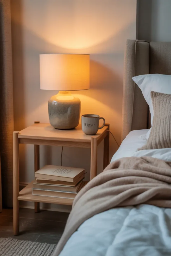 Small apartment bedside table with stacked books, simple lamp, ceramic mug, soft blanket draped across bed, warm evening lighting, relaxed poor apartment aesthetic bedroom styling, neutral palette, cozy calm atmosphere, Pinterest style realistic interior photography.