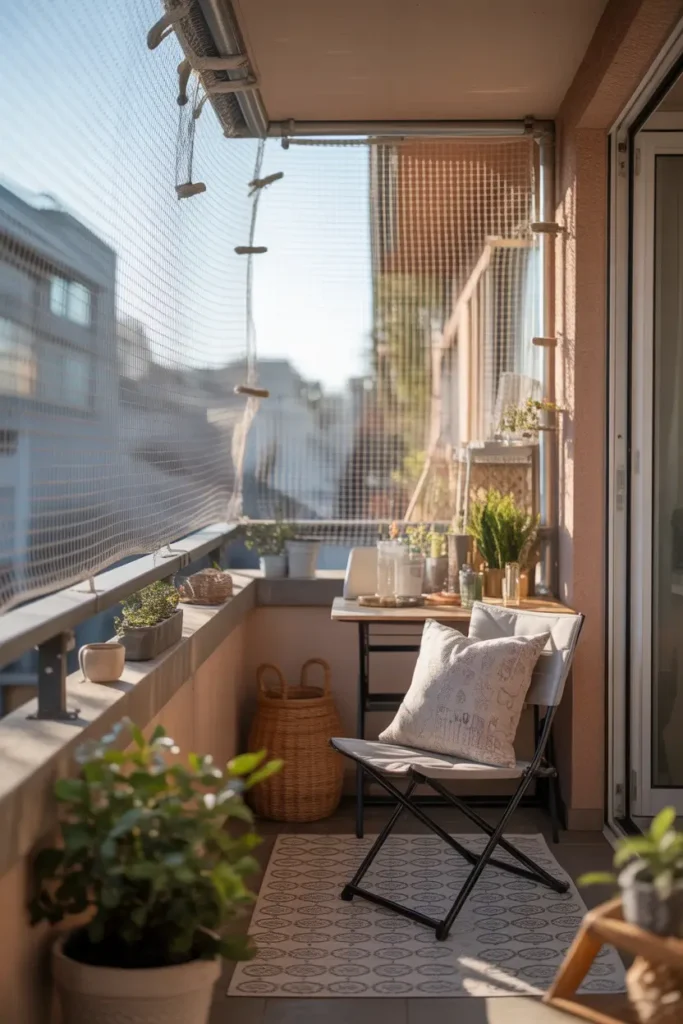 renter friendly apartment balcony with neatly attached cat safety mesh using zip ties, compact folding chair, patterned outdoor mat, soft neutral decor, small ceramic planters, morning light, realistic textures and shadows, cozy feminine apartment styling, practical pet-safe design, airy small balcony, simple clean layout, warm homey feeling, realistic urban balcony scene, tasteful renter setup, detailed fabric and plant textures, polished Pinterest-worthy photography style