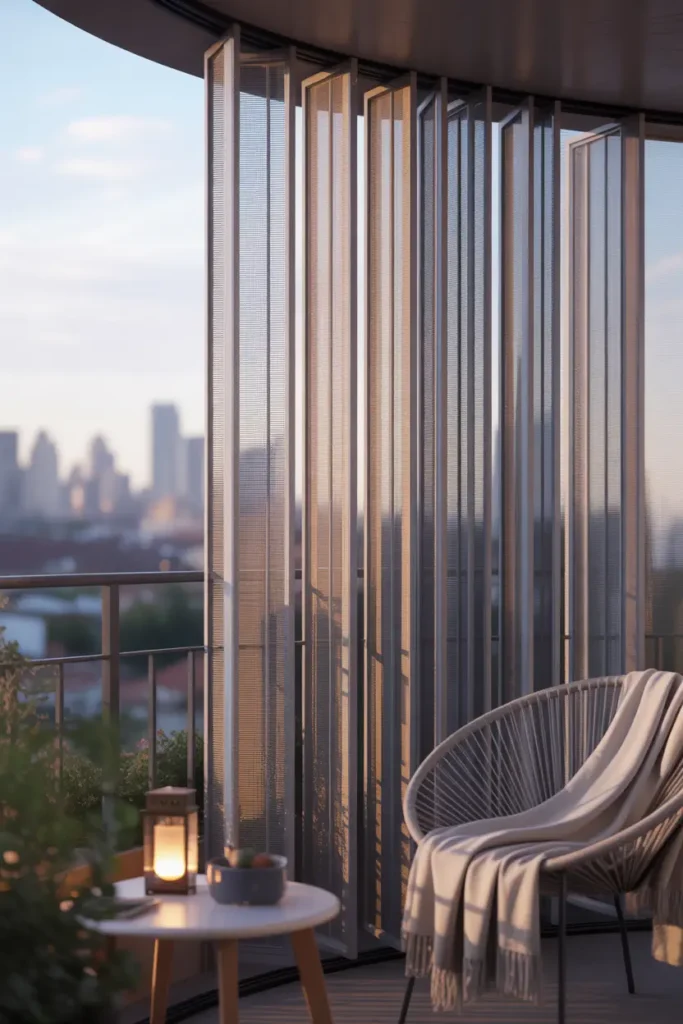 Modern apartment balcony featuring retractable mesh screen system sliding neatly along slim side tracks, gentle evening light glowing through textured mesh panels, cozy lounge chair with light blanket, small wooden table holding candle lantern, city skyline softly blurred in background, relaxing Pinterest-style balcony environment.