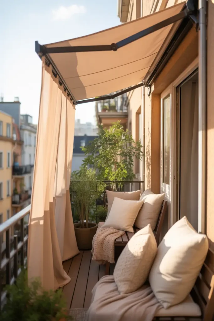 apartment balcony with retractable side awning in soft beige fabric extended along one side, small-space balcony with narrow wooden bench, cream cushions, textured throw, potted leafy plants, warm filtered sunlight, cozy apartment railing, neutral color palette, soft natural shadows, realistic fabric texture, feminine and peaceful outdoor styling, tiny balcony made to feel private and calm, layered textures, inviting city home atmosphere, warm and natural lighting