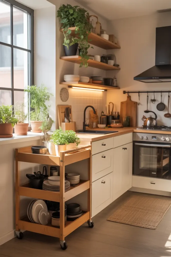 Small loft apartment kitchen with rolling cart used for extra storage, wooden cart holding dishes, plants, and kitchen tools, warm lighting, compact kitchen layout, soft neutral colors, cozy textures, sunlight through window, Pinterest style interior photography showing practical movable storage in tiny loft apartment kitchen.