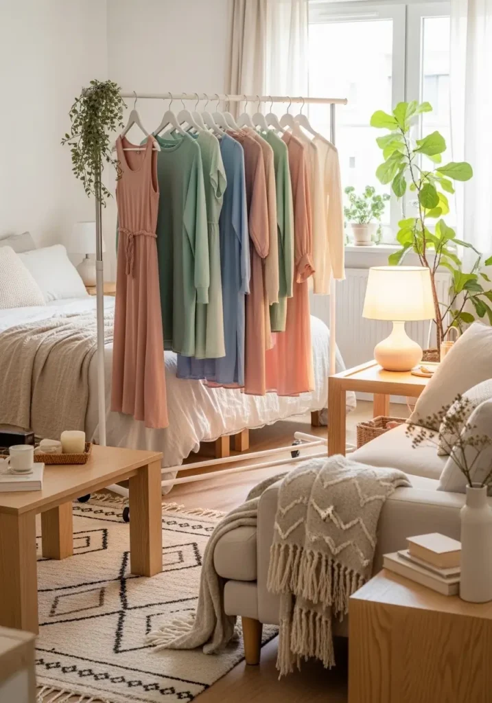 Cozy studio apartment with rolling clothing rack used as divider between sleeping area and small lounge space, neutral linen bedding behind rack, hanging dresses and sweaters in soft pastel tones, cream sofa with textured throw, woven rug, warm table lamp lighting, light wood furniture, indoor plant near window, Pinterest style interior with relaxed feminine styling and soft natural light.

