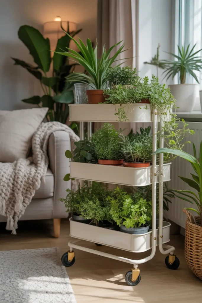 Stylish apartment plant cart with multiple tiers filled with potted greenery, soft afternoon sunlight from nearby window, light wooden floor, neutral sofa in background with cozy throw blanket, Pinterest style indoor garden scene with calm textures, layered plant arrangement, and warm apartment atmosphere.