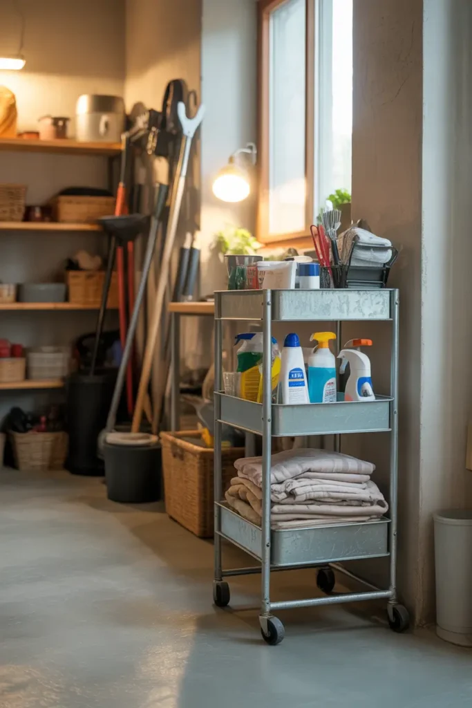 Pinterest style apartment garage corner featuring rolling metal storage cart with organized cleaning supplies, gardening tools, and folded cloths, warm light from nearby window, smooth concrete floor, wooden shelves in background, soft neutral color palette, bright cozy garage organization scene with natural shadows and tidy arrangement.