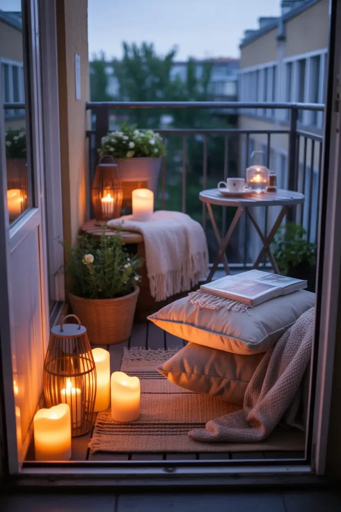 Tiny apartment balcony at night styled with glowing flameless candles, decorative lanterns, soft floor cushions, cozy throw blanket, small side table with tea cup, nearby potted plants, deep warm evening atmosphere, realistic Pinterest style balcony scene, soft lighting reflecting on textures, intimate feminine styling, calm romantic mood with layered fabrics and cozy outdoor apartment feeling