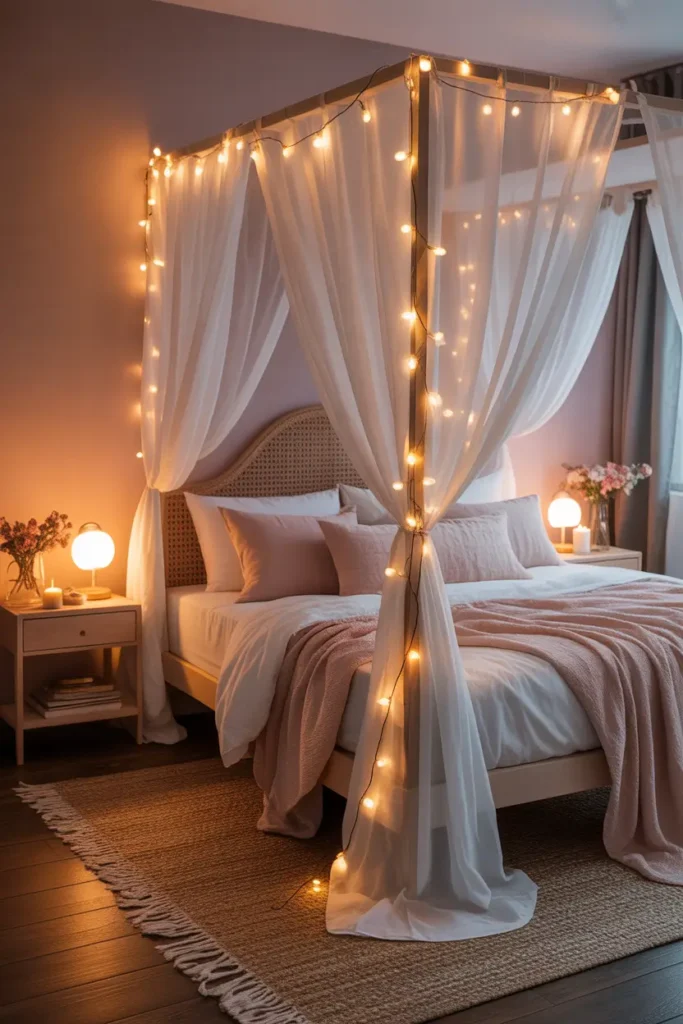 Dreamy feminine apartment bedroom with light canopy bed draped in sheer white fabric, soft blush bedding, delicate fairy lights wrapped along canopy frame, warm evening glow from bedside lamp, textured rug under bed, small wooden nightstand with flowers and candle, romantic Pinterest aesthetic bedroom with airy fabrics and cozy feminine styling.