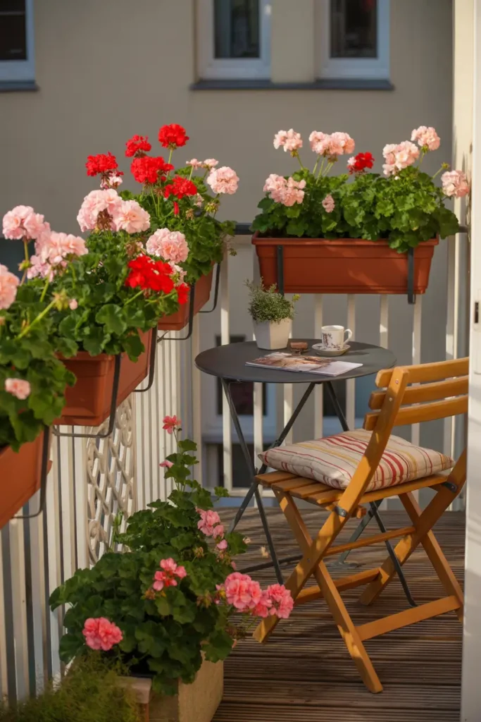 Charming apartment balcony railing lined with window boxes filled with red and blush pink geranium flowers, white painted railing, cozy wooden folding chair with striped cushion nearby, small round café table with cup of tea, warm afternoon sunlight lighting petals, natural wood flooring and soft neutral textiles creating cozy romantic balcony scene, realistic Pinterest outdoor styling.