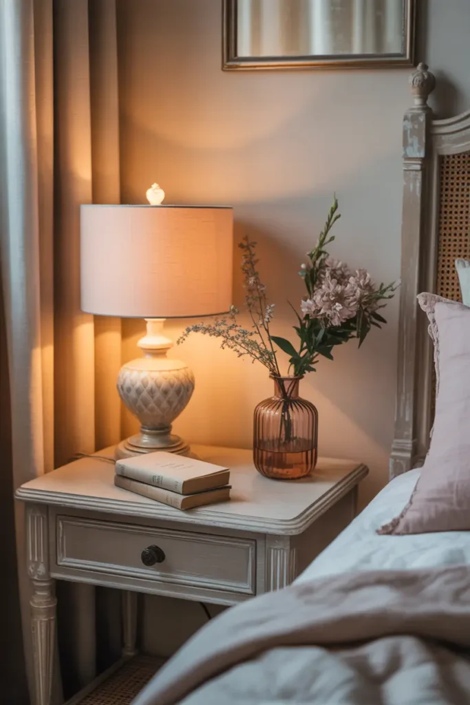 Tiny Parisian bedroom bedside table with vintage lamp, small stack of books, glass vase with flowers, soft linen bedding nearby, warm evening lighting, delicate feminine interior atmosphere captured in Pinterest style photography.