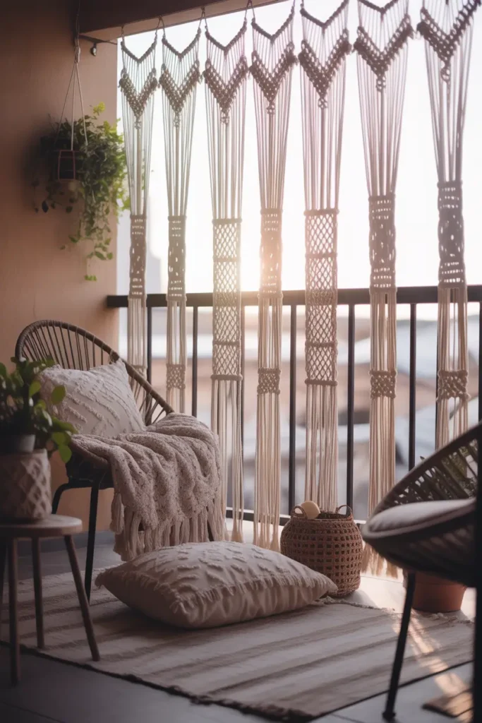 balcony scene featuring macramé privacy panel hanging along railing, soft sunlight passing through woven rope patterns, cozy chair with textured cushions, layered neutral rug, hanging plants nearby, warm golden lighting, calm boho-inspired atmosphere, lifestyle photography perspective, detailed textile textures, soft airy mood, feminine cozy balcony styling with natural tones and relaxed ambiance.