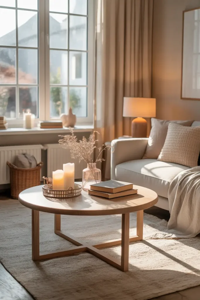 Small cozy apartment living room with round wooden coffee table, neutral sofa with textured pillows, soft rug underneath, warm natural sunlight through large window, decorative tray with candles and books on table, minimal modern decor styling, soft beige and cream color palette, Pinterest-style realistic apartment interior photography with cozy feminine atmosphere.