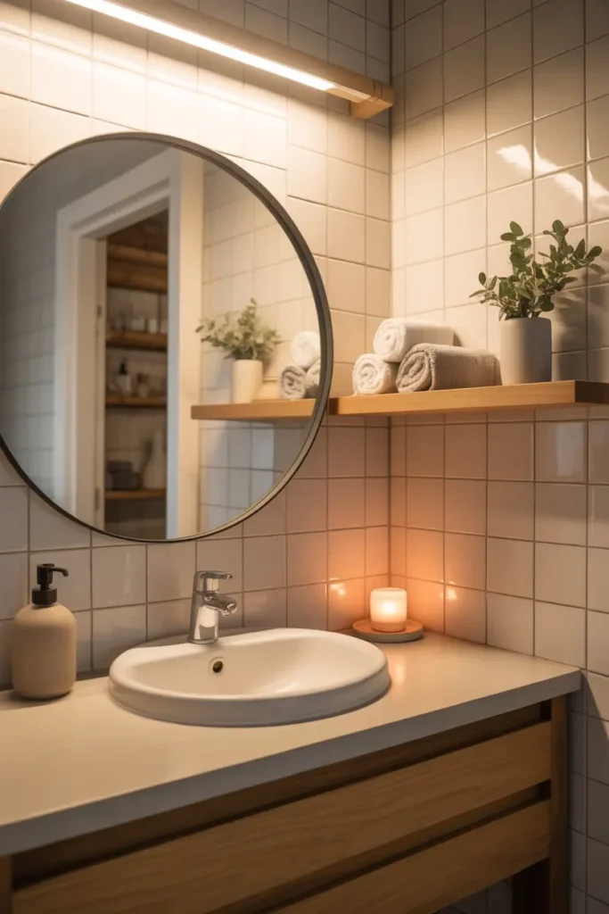 apartment bathroom vanity with round frameless mirror above a small white sink. Minimal vanity counter holds ceramic soap dispenser and small candle. Warm light reflects softly across pale tiles. Simple wooden shelf nearby holds rolled towels and small greenery, creating bright and airy apartment bathroom feeling.