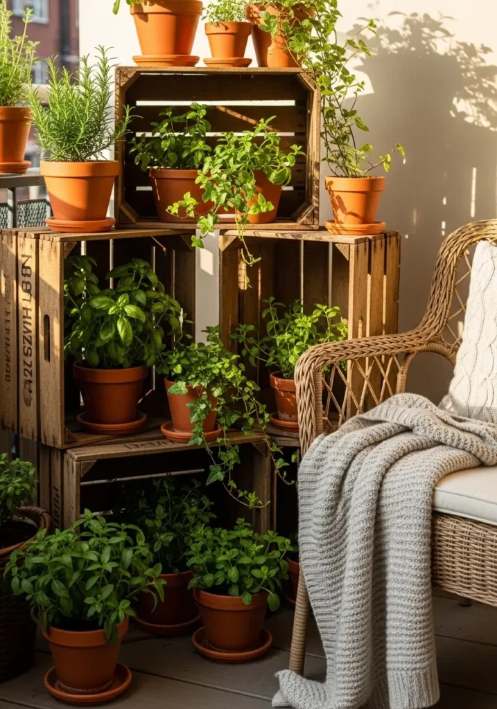 Apartment patio styled with stacked wooden crates used as plant shelves, terracotta pots filled with herbs and leafy plants placed inside crates, warm sunlight highlighting wood texture, cozy wicker chair nearby with light blanket, relaxed feminine patio garden styling with natural earthy tones and Pinterest style outdoor charm.