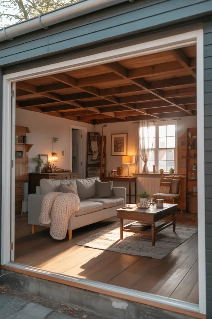Rustic apartment over garage interior with exposed wooden beams, warm wooden floors, cozy neutral couch, chunky knit blankets, vintage coffee table, soft warm lighting, textured rug, farmhouse style decor, natural sunlight entering window, Pinterest style cozy cottage interior photography, layered wood textures, calm warm atmosphere, charming small living space above garage
