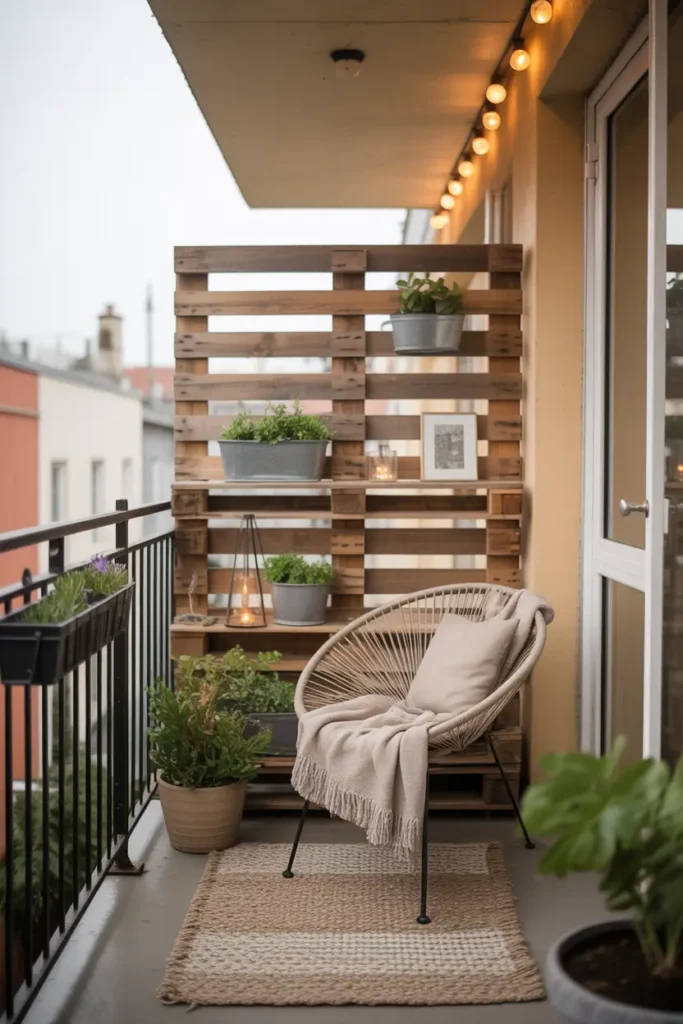 Apartment balcony styled with rustic wooden pallet screen placed against railing, potted plants resting on pallet shelves, cozy woven chair with soft blanket, warm string lights hanging above, textured outdoor rug under seating, peaceful Pinterest balcony corner with natural rustic charm.