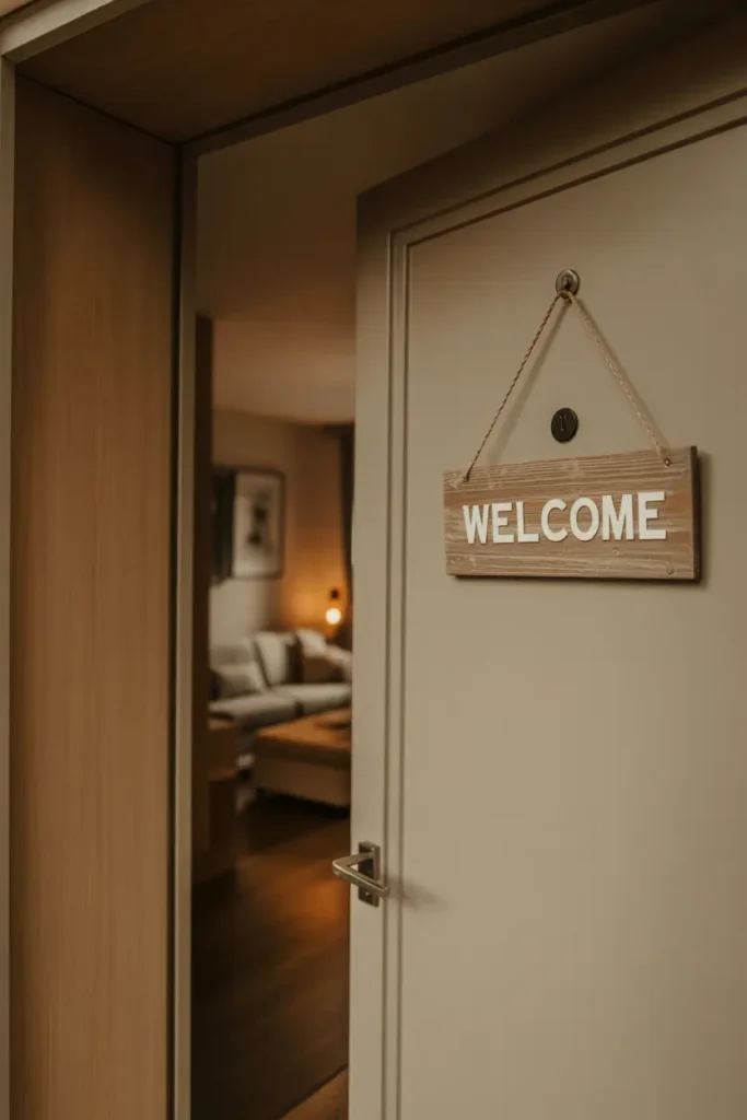 apartment hallway featuring a neutral door decorated with a rustic wooden welcome sign in light oak finish. Warm ambient lighting, cozy residential corridor, natural wood grain textures, soft feminine styling, minimalist surroundings, inviting atmosphere with realistic shadows, and balanced modern apartment aesthetic.