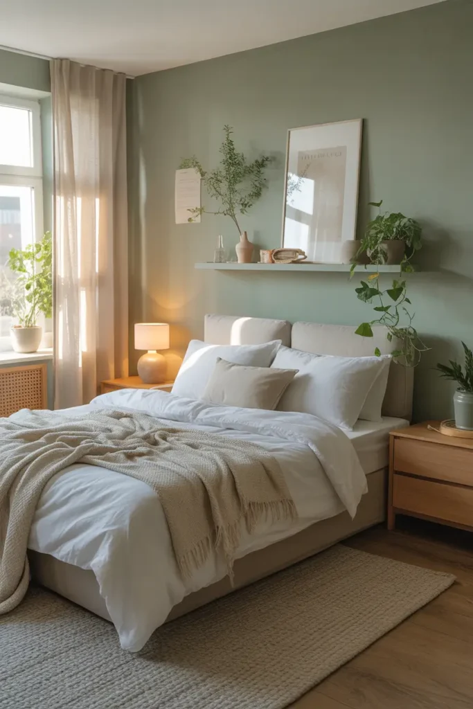 apartment bedroom with soft sage green painted walls, warm natural daylight coming through sheer curtains, cozy white bed linens, light wood nightstands, small ceramic lamp, soft textured rug, delicate indoor plants on shelf, minimal decor, peaceful and airy atmosphere, warm morning light, modern feminine apartment style.