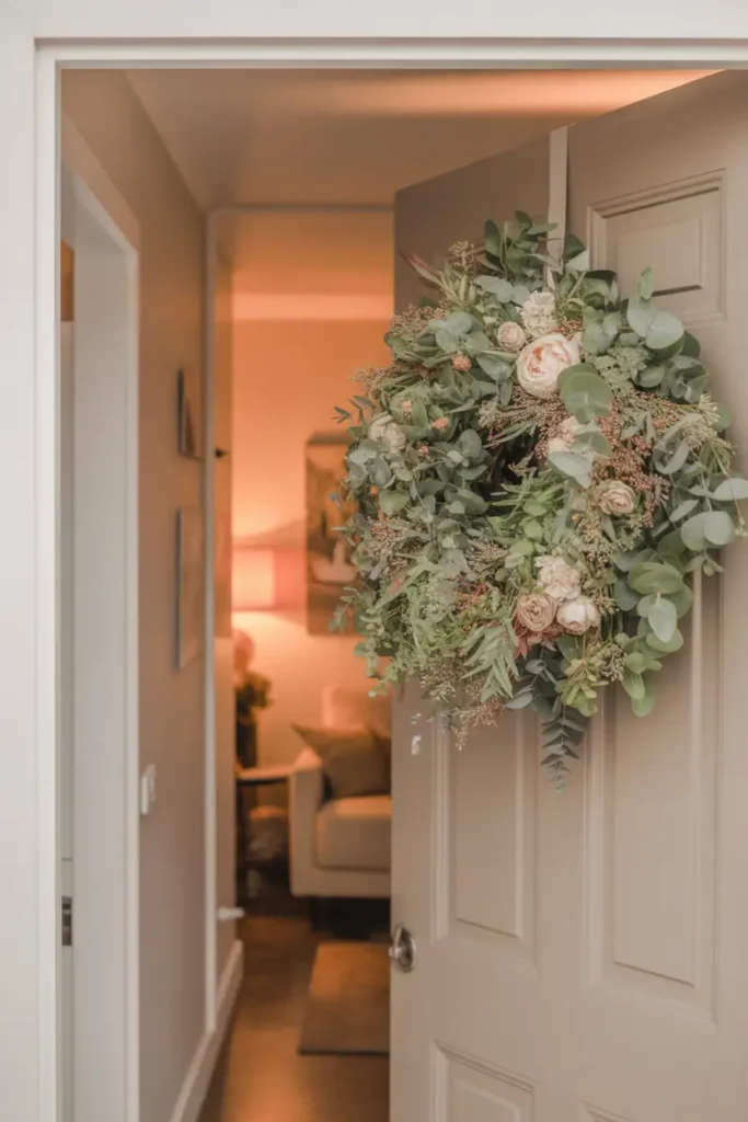 apartment hallway featuring a soft neutral door decorated with a lush seasonal floral wreath made of eucalyptus, blush roses, and delicate greenery. Warm ambient lighting reflects off cream walls, subtle shadows add depth, cozy apartment corridor styling, natural textures, soft feminine aesthetic, welcoming mood, clean modern apartment setting with gentle daylight glow and realistic materials.