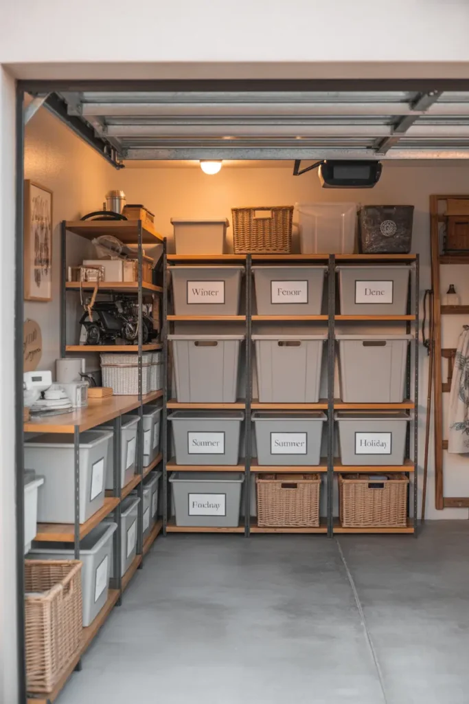 Bright apartment garage shelving area organized into seasonal storage sections with labeled bins for winter decor, summer gear, and holiday items, warm lighting, light gray concrete floor, neutral colored containers and baskets arranged neatly, Pinterest style garage storage scene with calm tidy atmosphere.