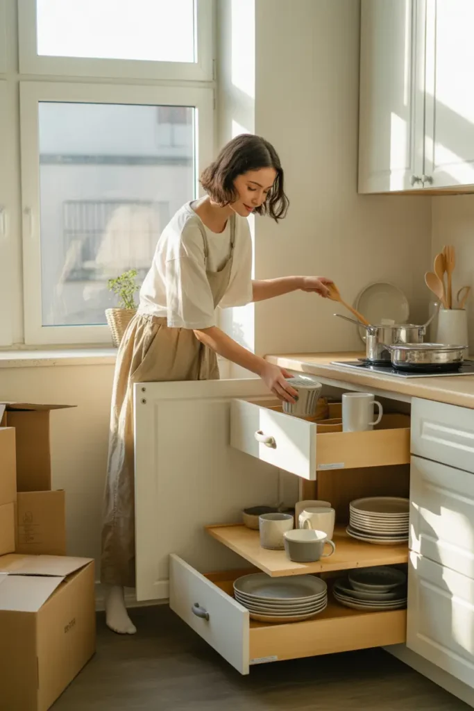 Bright Pinterest style apartment kitchen scene with woman unpacking basic cookware, wooden spoons, plates, and mugs into white cabinets, natural sunlight through window, soft neutral color palette, cozy home cooking atmosphere, cardboard boxes on floor, small plant on countertop, realistic interior photography with warm inviting mood.