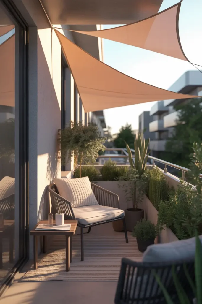 small apartment balcony with modern triangular shade sail in soft sand color overhead, sleek black chair, textured cream cushions, narrow wood table, potted plants with sculptural greenery, clean apartment railing, warm daylight diffused through fabric, contemporary outdoor styling, soft neutral palette, realistic shadows and textile texture, cozy yet modern atmosphere, small-space design with airy feeling, Pinterest-worthy balcony scene with calm lighting and inviting details
