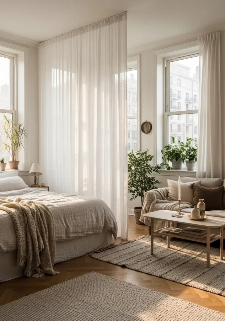 Soft neutral studio apartment with tall windows and sheer white curtains used as a divider between sleeping area and living space, warm sunlight filtering through fabric, light linen bedding, small cozy sofa, pale wood coffee table, textured rug, indoor plants near windows, airy Pinterest style interior, soft shadows, calm minimalist styling, natural tones and layered textiles creating gentle visual separation.

